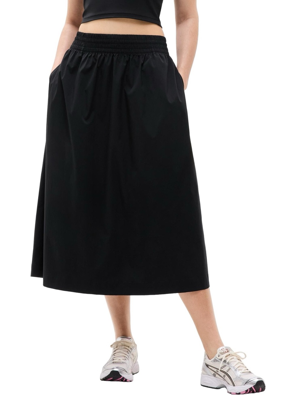 Black Elastic-Waist Midi Skirt